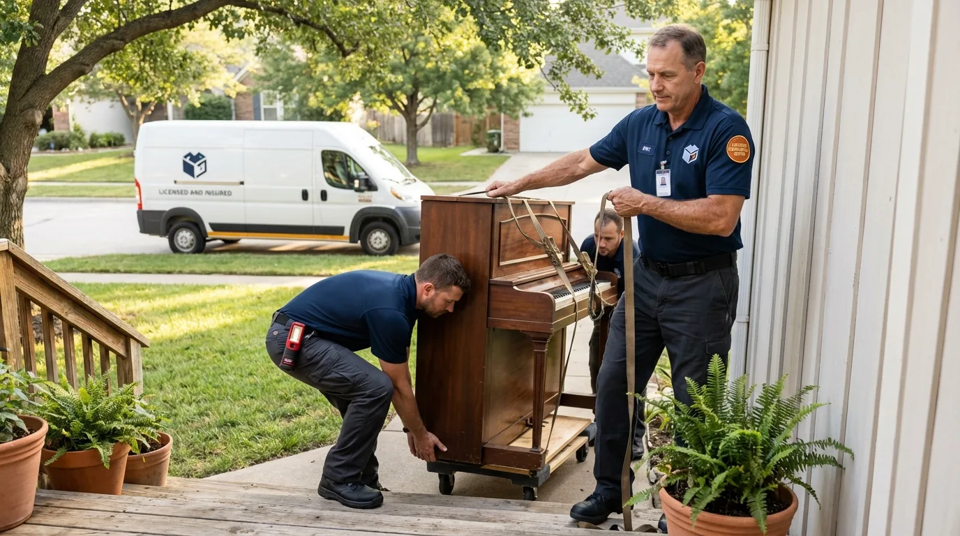 Licensed piano movers securing grand piano in Smithfield, RI
