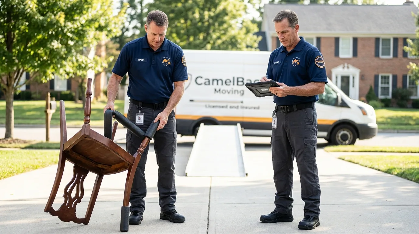 Movers inspecting furniture for damage prevention before loading in Smithfield, RI