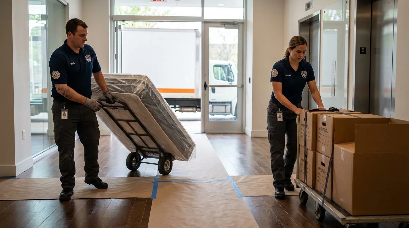 Professional apartment movers loading elevator in Smithfield, RI
