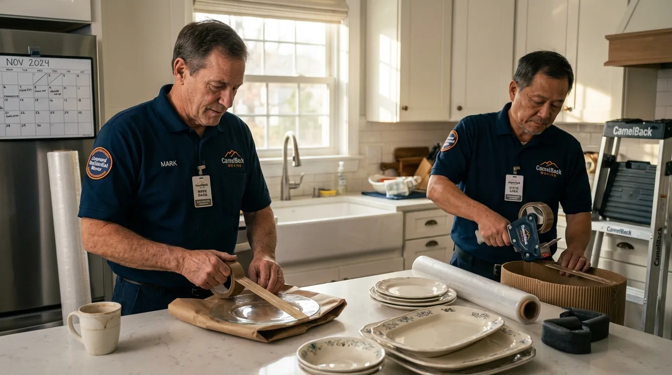 Professional crew packing kitchen dishware in Smithfield, RI